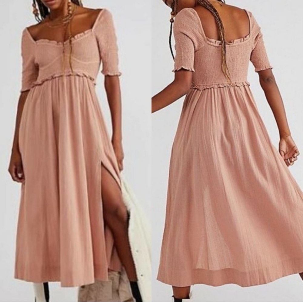 Free People Pink Dusty Mauve Smocked Maxi Dress Sz M